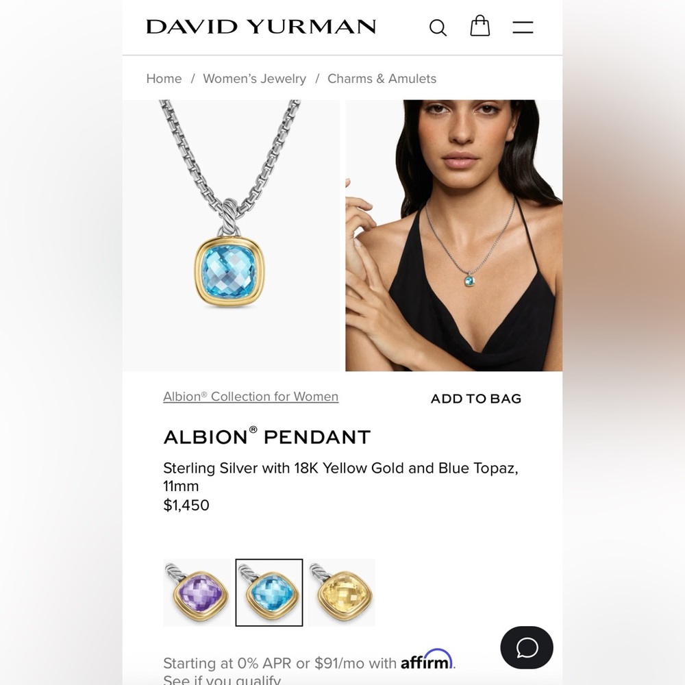 David Yurman Albion Pendant with Blue Topaz and Gold